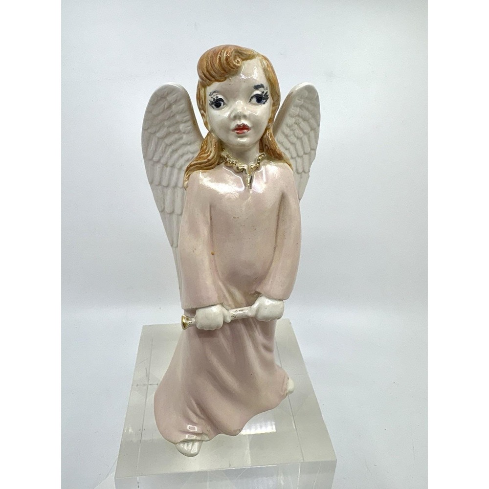Vtg Ceramic Hand Painted White & Pink Angel Xmas Figurine
